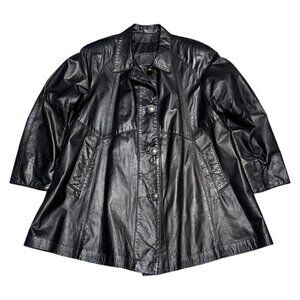 VINTAGE The LEATHER Ranch Black Luxury Designer Retro Leather Coat Womens XL